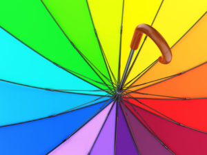 Colorful rainbow umbrella isolated on white background. 3D illustration